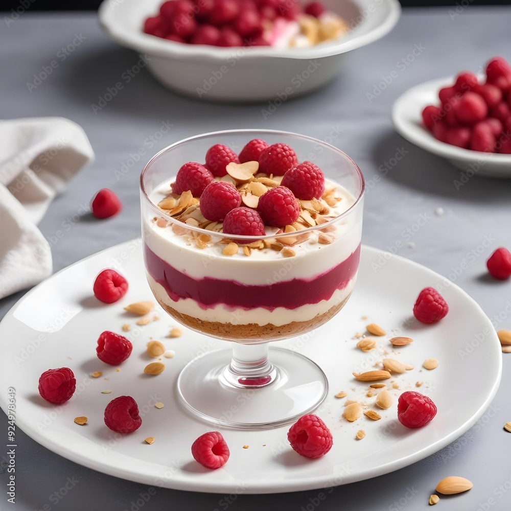 A vanilla dessert with a raspberry topping sits in a glass on a white plate A vanilla dessert with a raspberry topping sits in a glass on a white plate