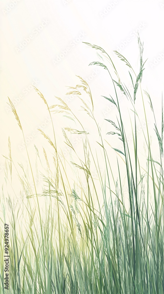 Tall green grass blades blowing in the wind with a light white background. Tall green grass blades blowing in the wind with a light white background.