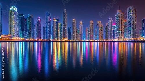 Wallpaper Mural Dubai Marina Night Reflections: A breathtaking long exposure image of Dubai Marina at night, with vibrant reflections of the illuminated skyline on the water. Torontodigital.ca
