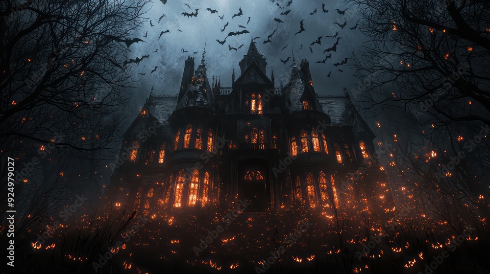 A spooky house with bats flying around it. The house is lit up with orange lights and there are many pumpkins scattered around the yard. Scene is eerie and mysterious A spooky house with bats flying around it. The house is lit up with orange lights and there are many pumpkins scattered around the yard. Scene is eerie and mysterious