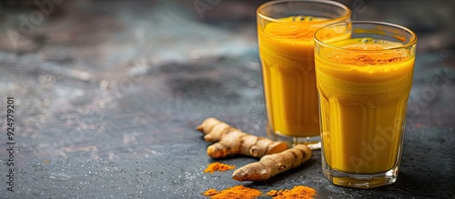 Two glasses of golden milk with turmeric on a stone gray background perfect for a copy space image