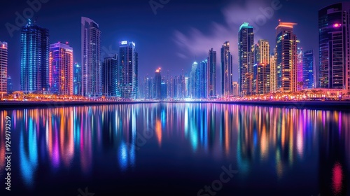 Wallpaper Mural Dubai's Nighttime Charm: Captivating long exposure of Dubai Marina at night, with reflections of vibrant city lights on the water creating a magical scene. Torontodigital.ca