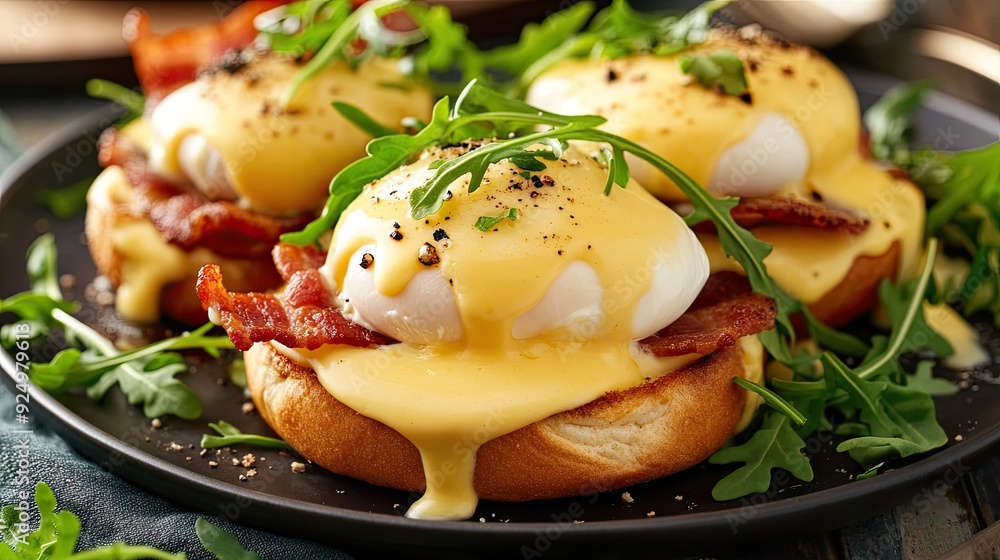 Elegant Eggs Benedict on an English muffin with crispy bacon, poached eggs, and hollandaise, garnished with fresh arugula for a refined gourmet breakfast