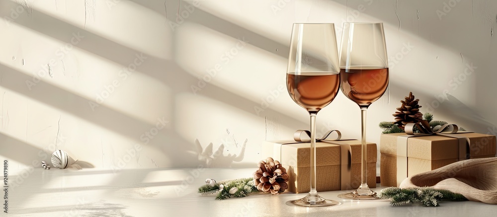 Wooden gift boxes and wine glasses arranged on a white background for a copy space image Wooden gift boxes and wine glasses arranged on a white background for a copy space image