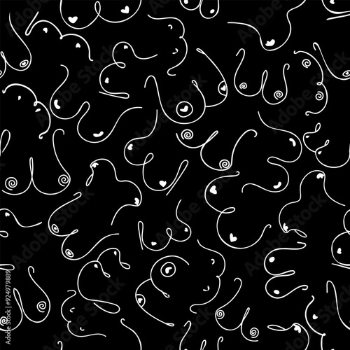 Seamless graphic pattern with female breasts drawn in doodle style.