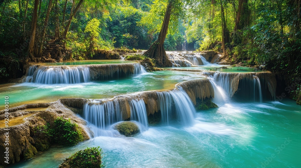 Emerald Oasis: The beautiful Kuang Si Waterfall with its turquoise pools and surrounding lush vegetation in Luang Prabang, Laos. A true emerald oasis. Emerald Oasis: The beautiful Kuang Si Waterfall with its turquoise pools and surrounding lush vegetation in Luang Prabang, Laos. A true emerald oasis.