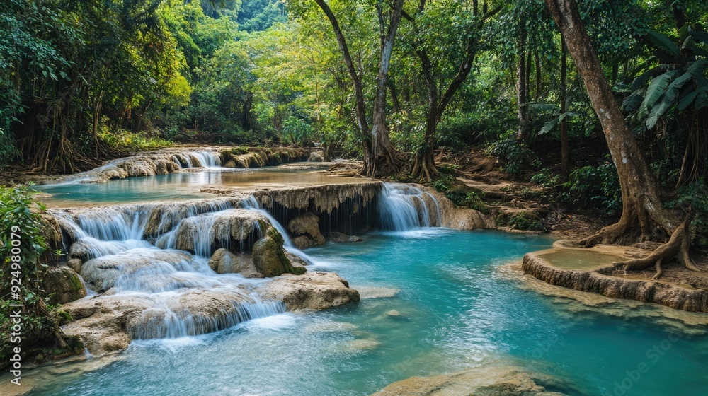 Naklejka premium Emerald Oasis: The beautiful Kuang Si Waterfall with its turquoise pools and surrounding lush vegetation in Luang Prabang, Laos. A true emerald oasis.