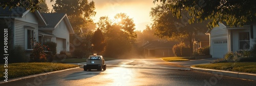 Peaceful Suburban Street at Sunrise with a Small Car - A small car drives down a quiet suburban street at sunrise, with golden light filtering through the trees and illuminating the houses on either s