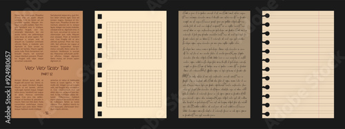 Old scrapbook paper sheets and newspaper. Retro pages with with lines, cells and illegible writing. Notebook set for collages and social media background