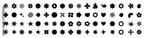 Black flowers and shapes icons. Daisy floral organic form cloud star and other elements in trendy playful brutal style. Vector illustrations isolated on white background