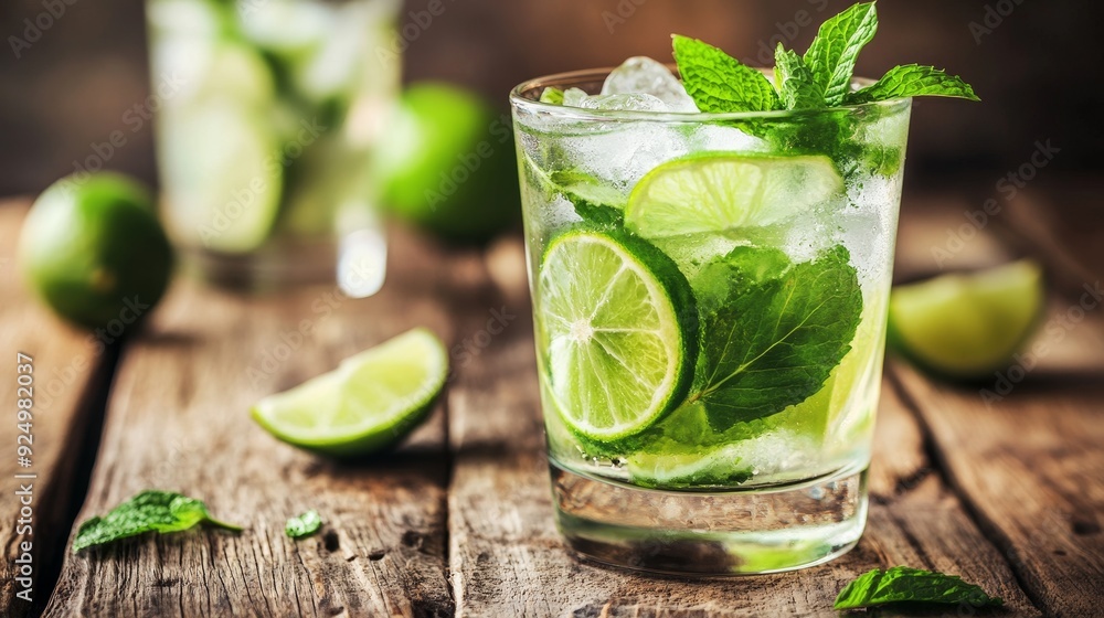 Refreshing Mojito Cocktail with Lime and Mint - A glass of mojito cocktail with lime wedges and mint leaves, symbolizing freshness, summer, relaxation, tropical vibes, and indulgence. Refreshing Mojito Cocktail with Lime and Mint - A glass of mojito cocktail with lime wedges and mint leaves, symbolizing freshness, summer, relaxation, tropical vibes, and indulgence.