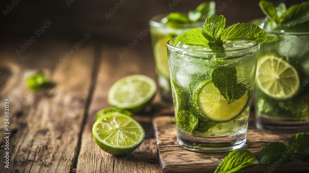 Refreshing Mojito Cocktails with Lime and Mint on Wooden Table - Two glasses of mojito cocktails garnished with fresh mint leaves and lime wedges, resting on a rustic wooden table. The green hues of t Refreshing Mojito Cocktails with Lime and Mint on Wooden Table - Two glasses of mojito cocktails garnished with fresh mint leaves and lime wedges, resting on a rustic wooden table. The green hues of t