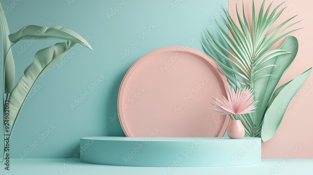 Fototapeta premium A serene and stylish display featuring pastel colors and tropical plants, evoking a calm and modern aesthetic.