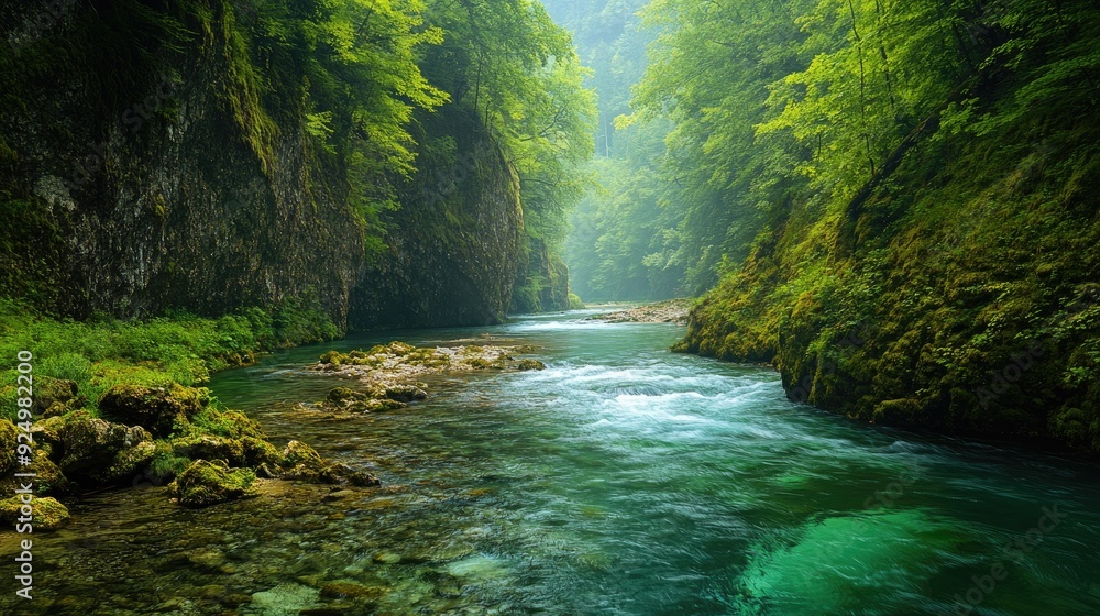 Gorge and River Harmony: Beautifully composed image of Vintgar Gorge, highlighting the Radovna River as it winds through the lush, green landscape. Gorge and River Harmony: Beautifully composed image of Vintgar Gorge, highlighting the Radovna River as it winds through the lush, green landscape.