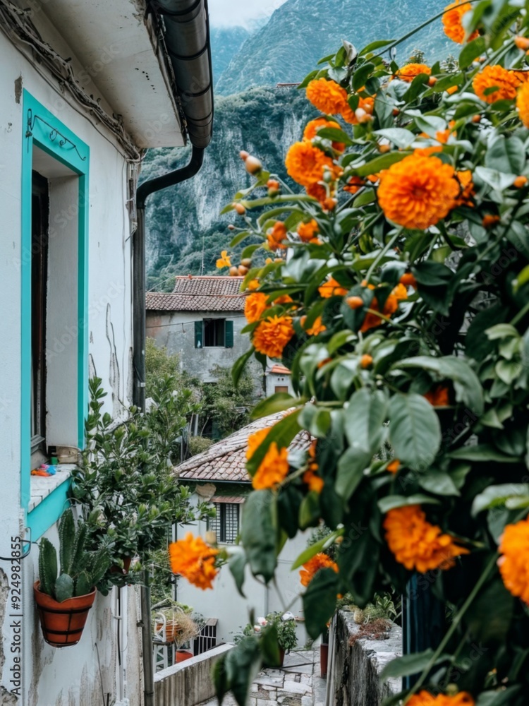 Obraz premium A charming scene of a window in Italy with orange flowers and green leaves, set against the backdrop of a mountain and a clear blue sky.