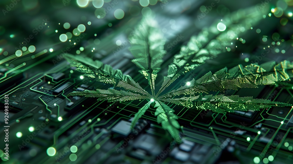 Marijuana leaves on a technology background, close up top view on cannabis leaves and branches on technology background for alternative medical and marketing design concept Marijuana leaves on a technology background, close up top view on cannabis leaves and branches on technology background for alternative medical and marketing design concept