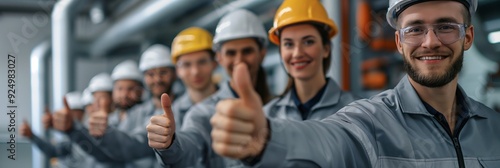 Obraz na płótnie Several industrial workers in grey uniforms and helmets giving a thumbs up in a factory setting, emphasizing safety and teamwork. w salonie