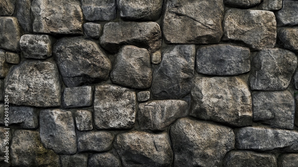 Obraz premium Rustic Stone Wall Texture Background - A close-up of a rough, textured stone wall. The irregular shapes and natural colors create a sense of age and history. It symbolizes strength, durability, and th