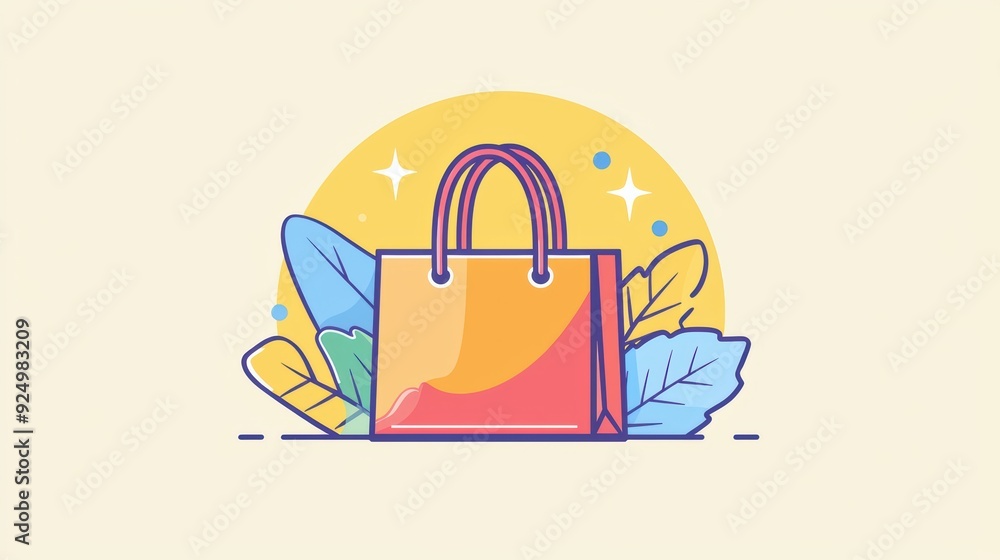 Fototapeta premium A colorful shopping bag surrounded by leaves and a bright background, conveying a cheerful and vibrant shopping experience. 