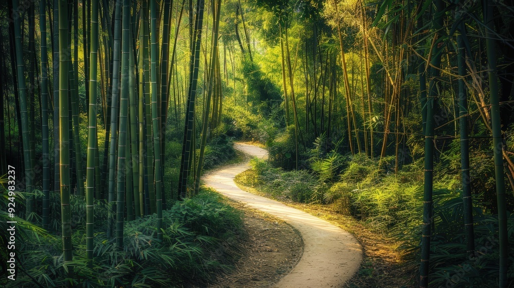 Obraz premium Serene Path Through a Lush Bamboo Forest