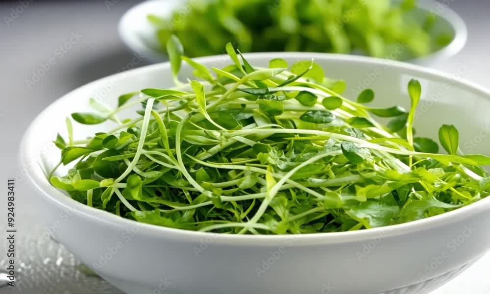 Fresh Microgreens Salad in a White Bowl on a Kitchen Table Fresh Microgreens Salad in a White Bowl on a Kitchen Table