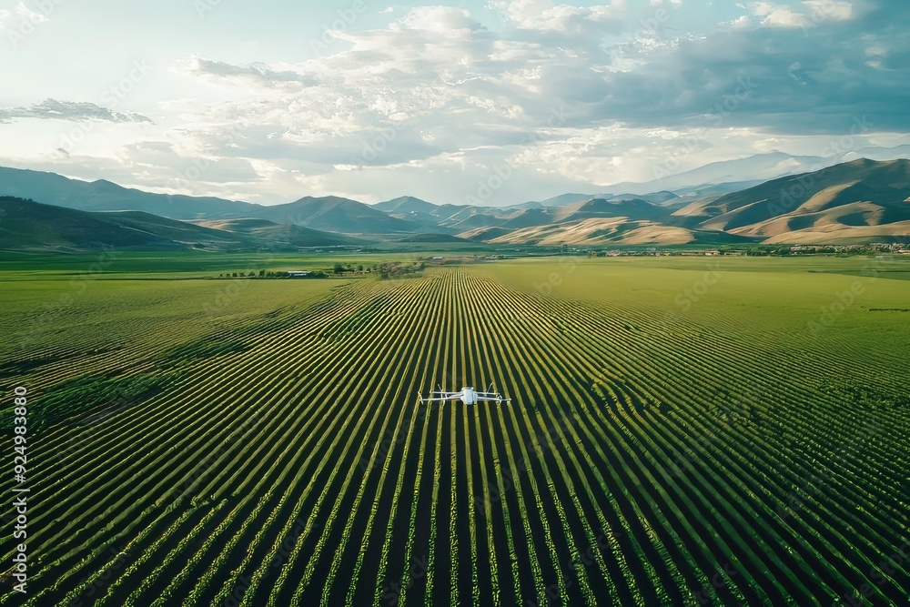 A large agricultural field where drones equipped with AI and sensors monitor crop health, optimize irrigation, and manage harvests, demonstrating the integration of technology and traditional farming A large agricultural field where drones equipped with AI and sensors monitor crop health, optimize irrigation, and manage harvests, demonstrating the integration of technology and traditional farming