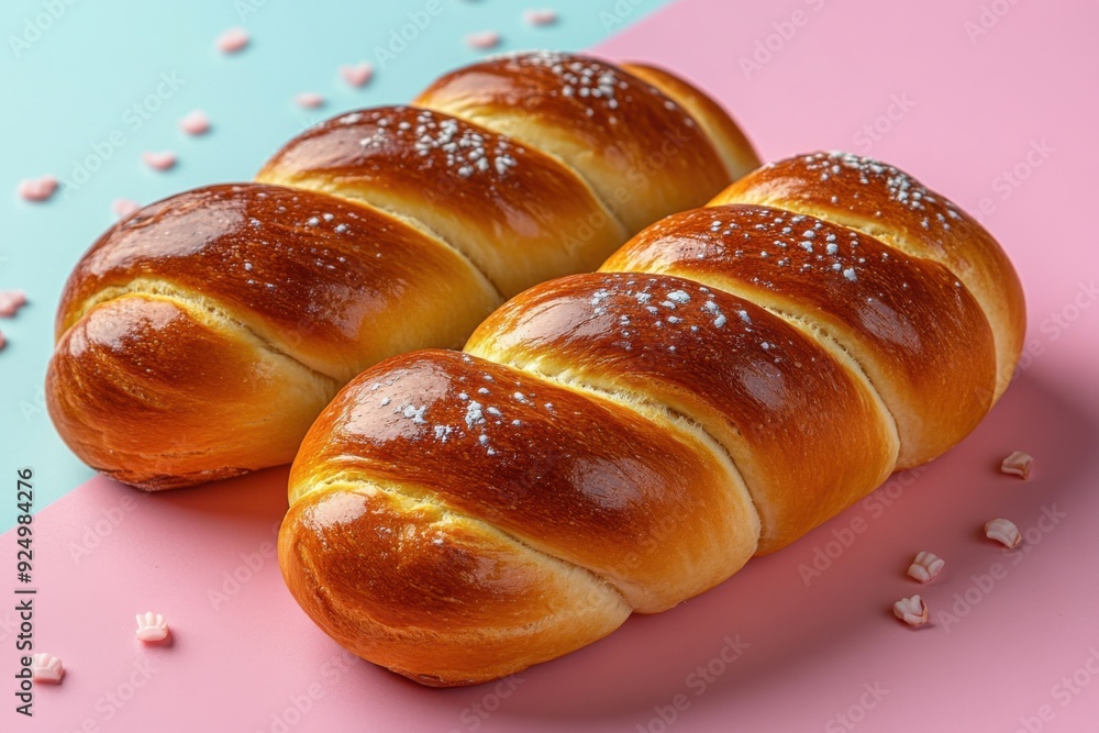Freshly Baked Sweet Brioche Buns on a Pastel Background with Decorative Sprinkles Freshly Baked Sweet Brioche Buns on a Pastel Background with Decorative Sprinkles