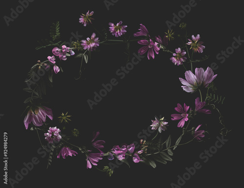 Fototapeta Naklejka Na Ścianę i Meble -  oval floral frame or wreath made of delicate pink garden flowers and willdflowers against a dark background, perfect for cards, wedding stationery or monograms, flowers isolated on black
