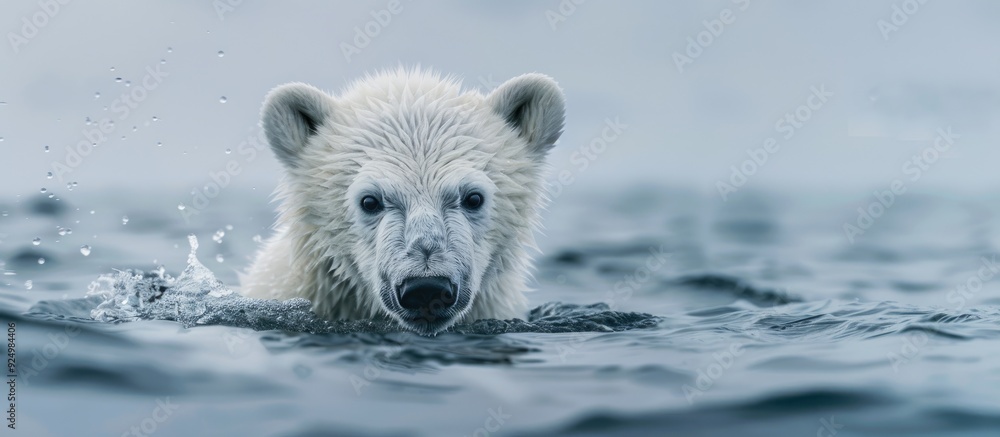 Fototapeta premium Polar bear cub s head above water with clear copy space image available