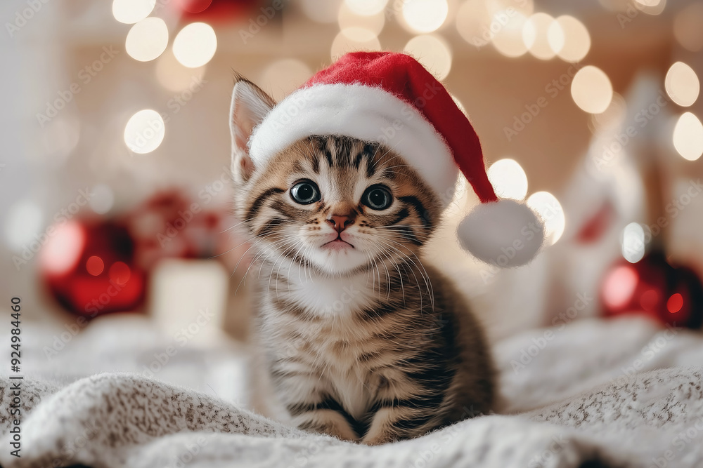 Super cute kitten wearing a Santa hat with Christmas decorations in the background sitting in a row and there is copy space. Super cute kitten wearing a Santa hat with Christmas decorations in the background sitting in a row and there is copy space.
