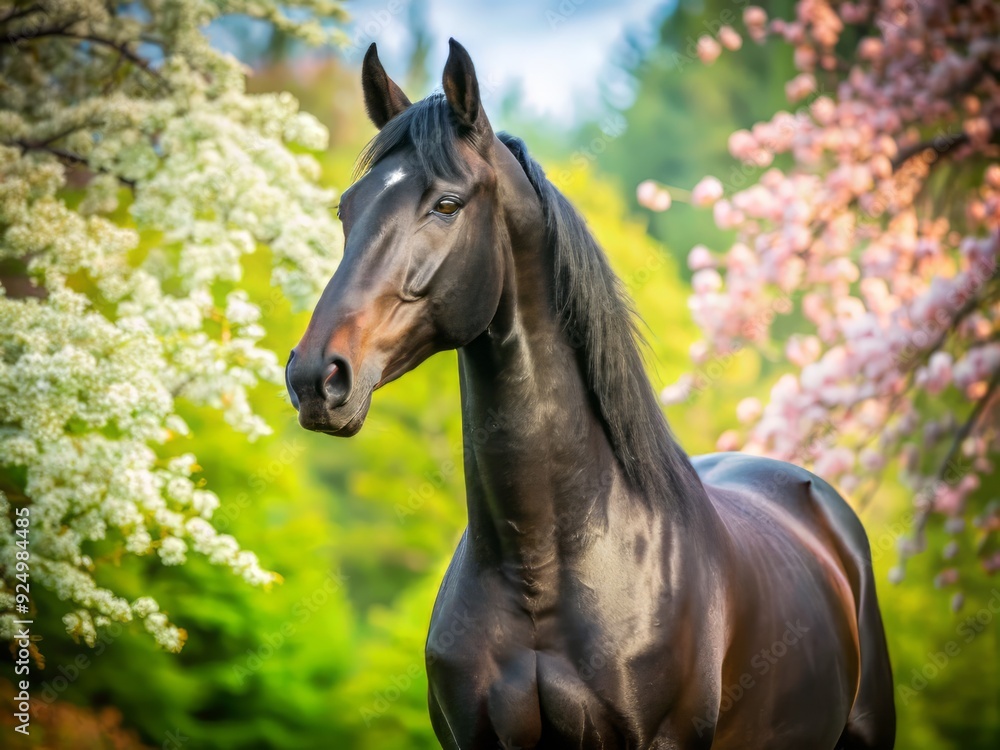 Fototapeta premium Majestic black Canadian horse with ears perked forward, sans tack, set against a serene spring or summer backdrop, with ample space for text overlay.