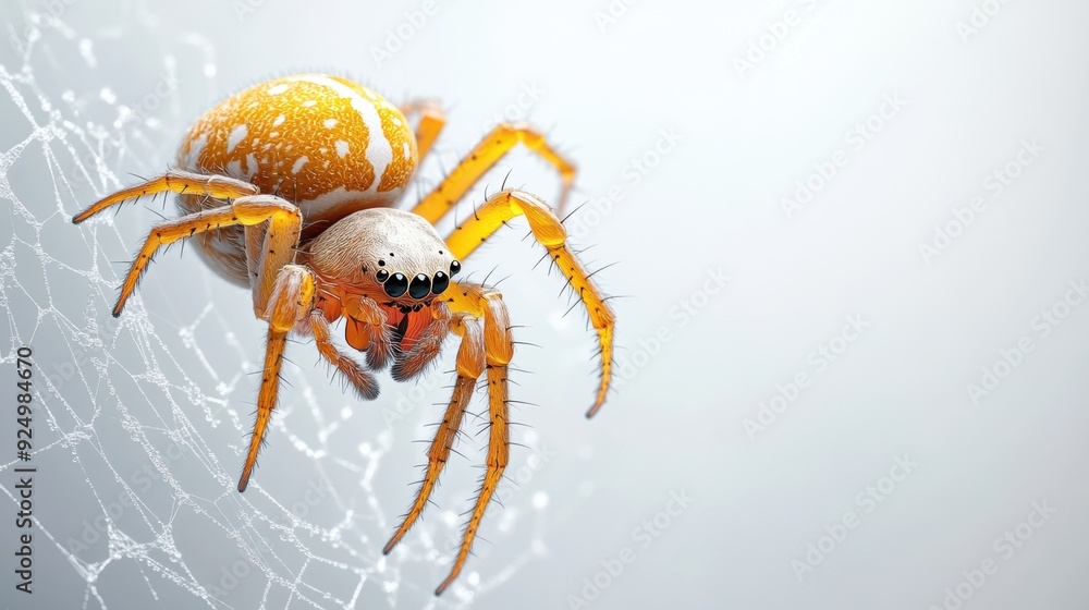Fototapeta premium 3D graphic of a spider on a web, airy and tidy, white background, distinct colors, divided layers 