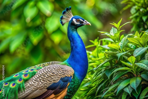 Wallpaper Mural Vibrant Indian peacock perches proudly, showcasing its stunning fan-shaped crest, white under-eye patch, and sleek, elongated neck amidst lush green foliage. Torontodigital.ca