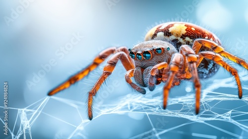 3D graphic of a spider on a web, airy and tidy, white background, distinct colors, divided layers 