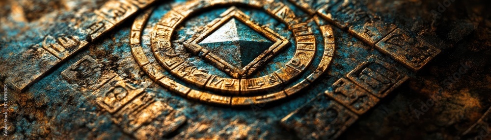 Fototapeta premium Intricate ancient artifact with geometric designs, showcasing a mystical symbol embedded in aged stone.