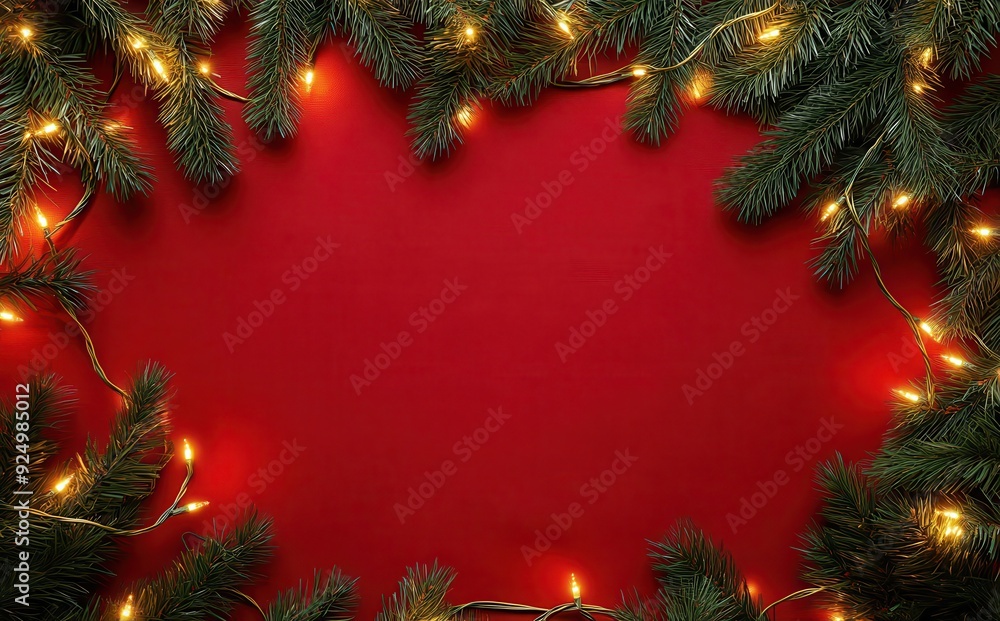 Christmas background with red fabric and golden lights, green pine branches frame the edges. Christmas background with red fabric and golden lights, green pine branches frame the edges.