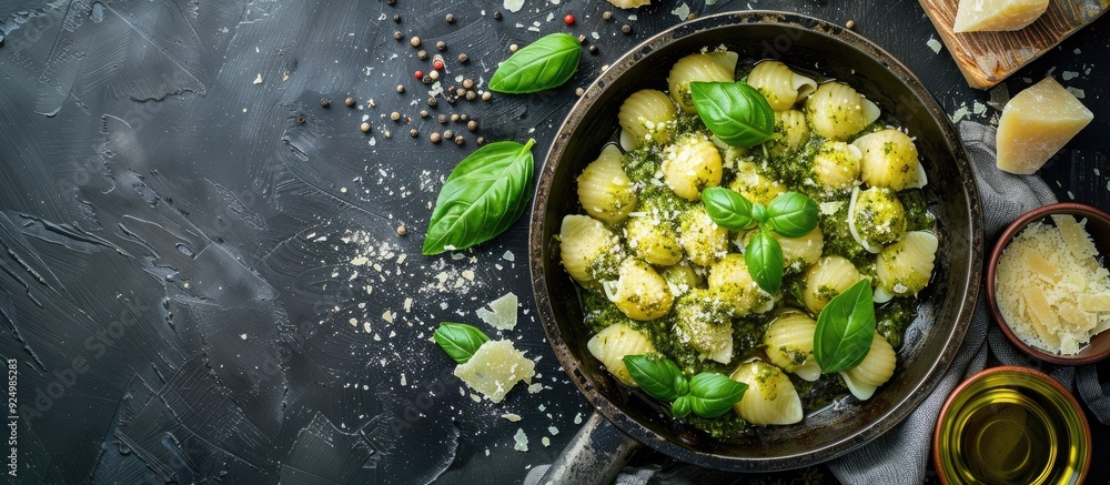 Top down view of a rustic frying pan with medaglioni pasta filled with parmesan and pesto ideal for a copy space image Top down view of a rustic frying pan with medaglioni pasta filled with parmesan and pesto ideal for a copy space image