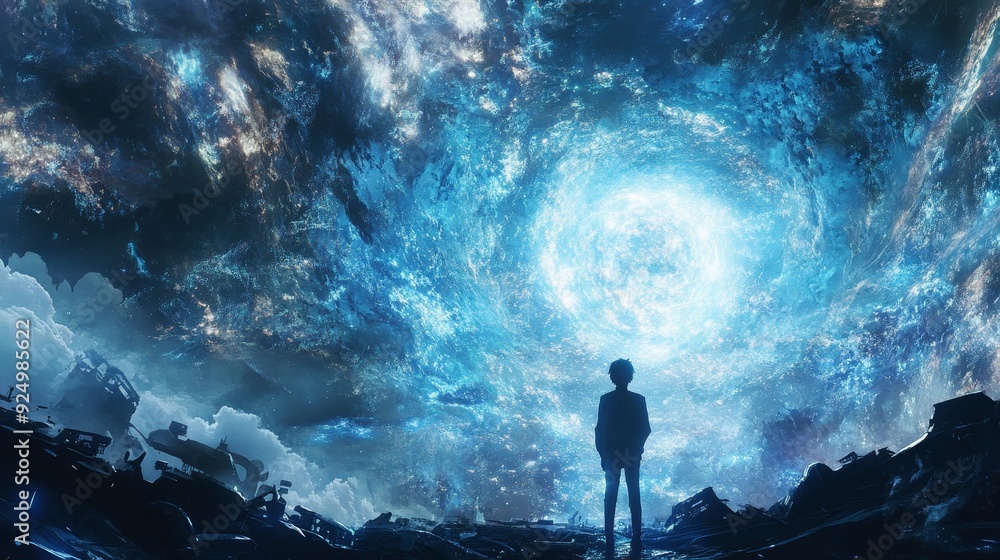 Silhouette of Man Gazing at a Cosmic Vortex - A solitary figure stands ...