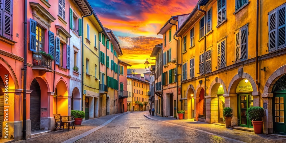 Fototapeta premium Vibrant sunset illuminates ancient architecture, colorful shutters, and quaint narrow passageways in Parma's historic center, capturing the authentic essence of Italy's picturesque northern city.