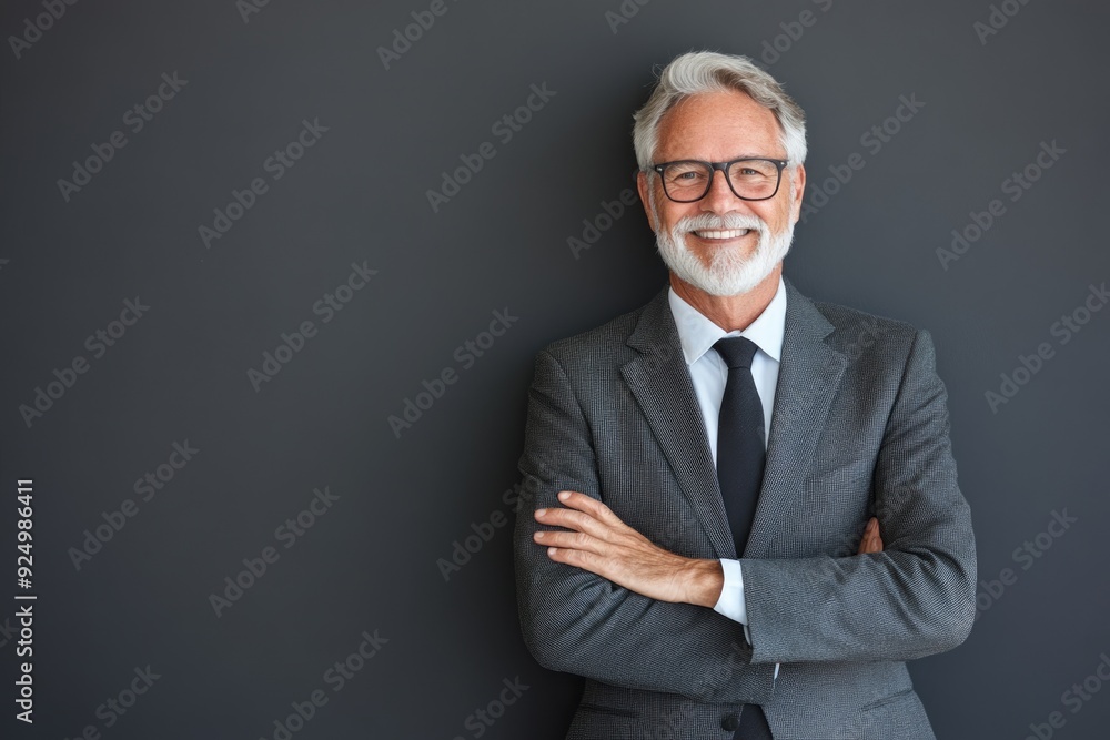Senior man in business attire, smiling confidently, with a solid gray background and space for text on either side Senior man in business attire, smiling confidently, with a solid gray background and space for text on either side