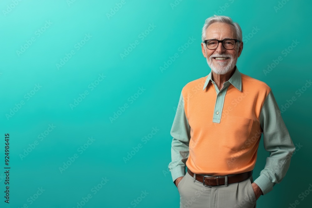 Senior male presenter with a kind smile, standing against a solid turquoise background with ample room for text Senior male presenter with a kind smile, standing against a solid turquoise background with ample room for text