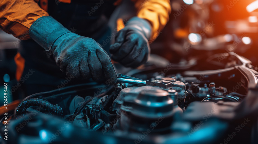 Auto mechanic repairing a malfunctioning engine in a service garage. The image, wide and panoramic, highlights transport maintenance with a focus on the wrench and detailed work. Auto mechanic repairing a malfunctioning engine in a service garage. The image, wide and panoramic, highlights transport maintenance with a focus on the wrench and detailed work.