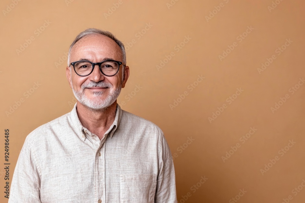 Senior male presenter, dressed casually, smiling, in front of a solid beige background with copy space Senior male presenter, dressed casually, smiling, in front of a solid beige background with copy space