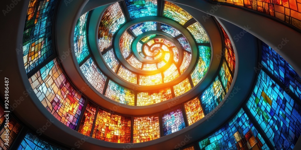 Obraz premium Stained Glass Spiral Window with Sunburst Effect