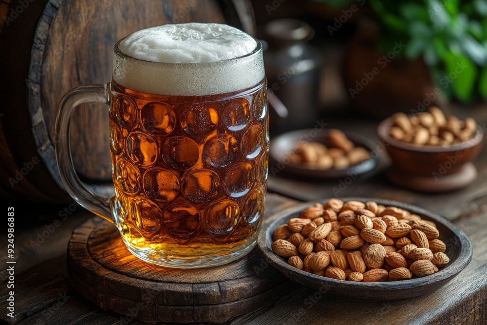 Beer mugs, snacks, nuts and dishes, Ai generated Beer mugs, snacks, nuts and dishes, Ai generated