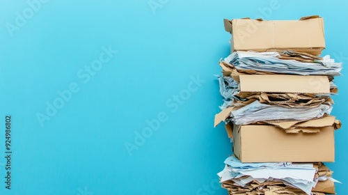 Stack of Cardboard Boxes and Papers on Blue Background - A stack of cardboard boxes and papers, representing organization, storage, and efficiency. The blue background symbolizes productivity and a fr photo