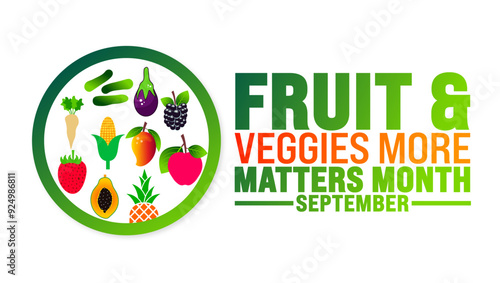 National Fruit and Veggies More Matters Month is observed every year in September. Holiday concept. Template for background, banner, card, poster, placard, design template with unique shapes.