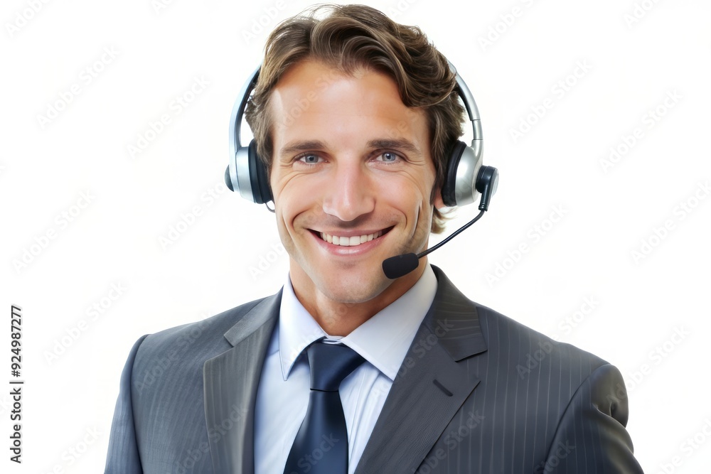 Confident corporate representative wearing a headset against a crisp white background, exuding professionalism and approachability for effective customer service and support interactions. Confident corporate representative wearing a headset against a crisp white background, exuding professionalism and approachability for effective customer service and support interactions.