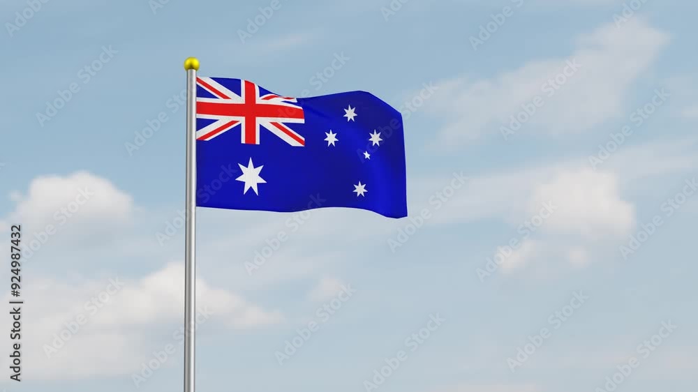 Australian Flag Waving Animation with Realistic Fabric Texture Against Sky Background. Australia flying flag in the wind. Australia fluttering flag with looping. ideal for independence day. Australian Flag Waving Animation with Realistic Fabric Texture Against Sky Background. Australia flying flag in the wind. Australia fluttering flag with looping. ideal for independence day.