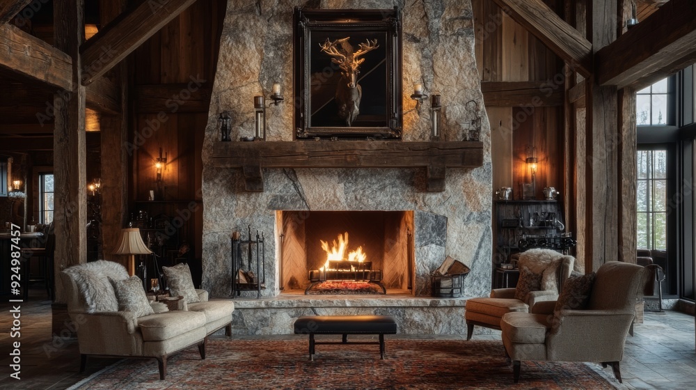 Cozy living room with fireplace, stone wall, and large windows. Cozy living room with fireplace, stone wall, and large windows.
